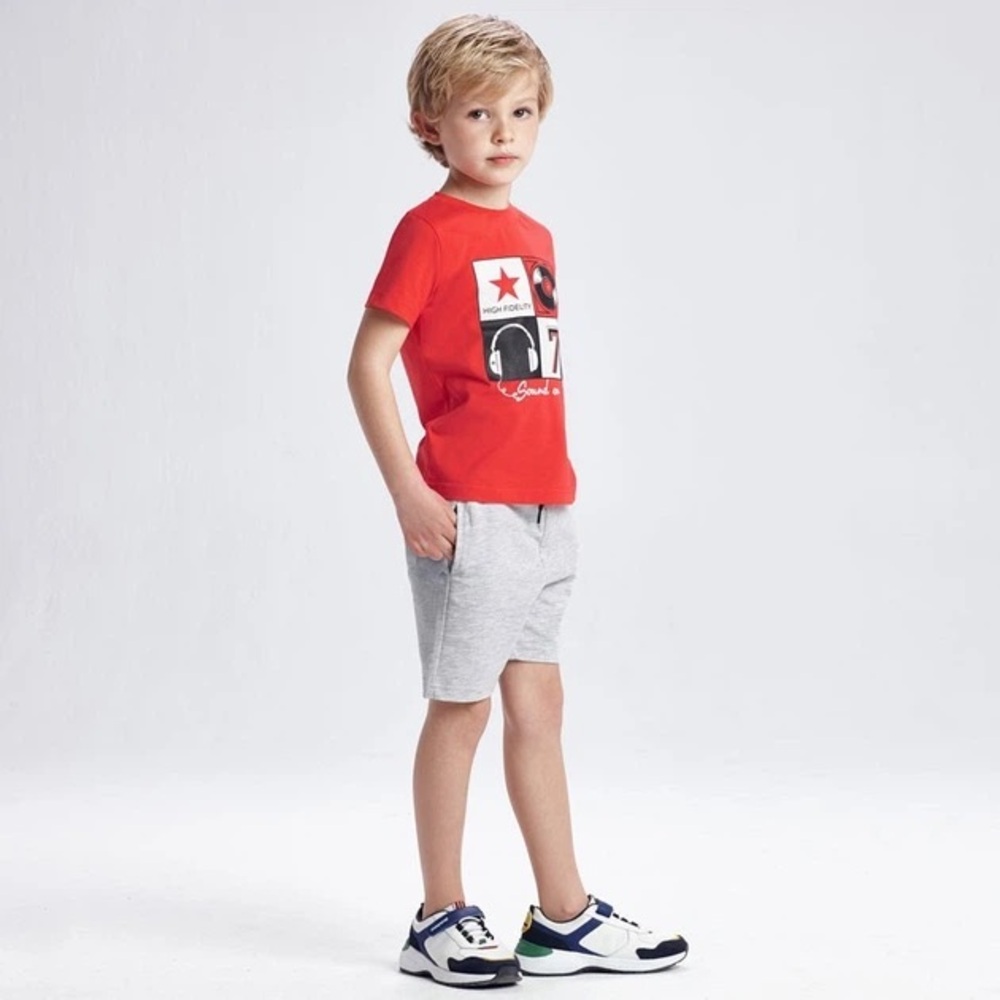 Size 8 Boys Mayoral Vibrant Red Tee and Soft Gray Shorts Set